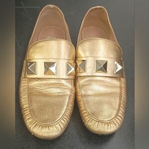 Valentino Garavani Metallic Gold Studded Leather Loafers